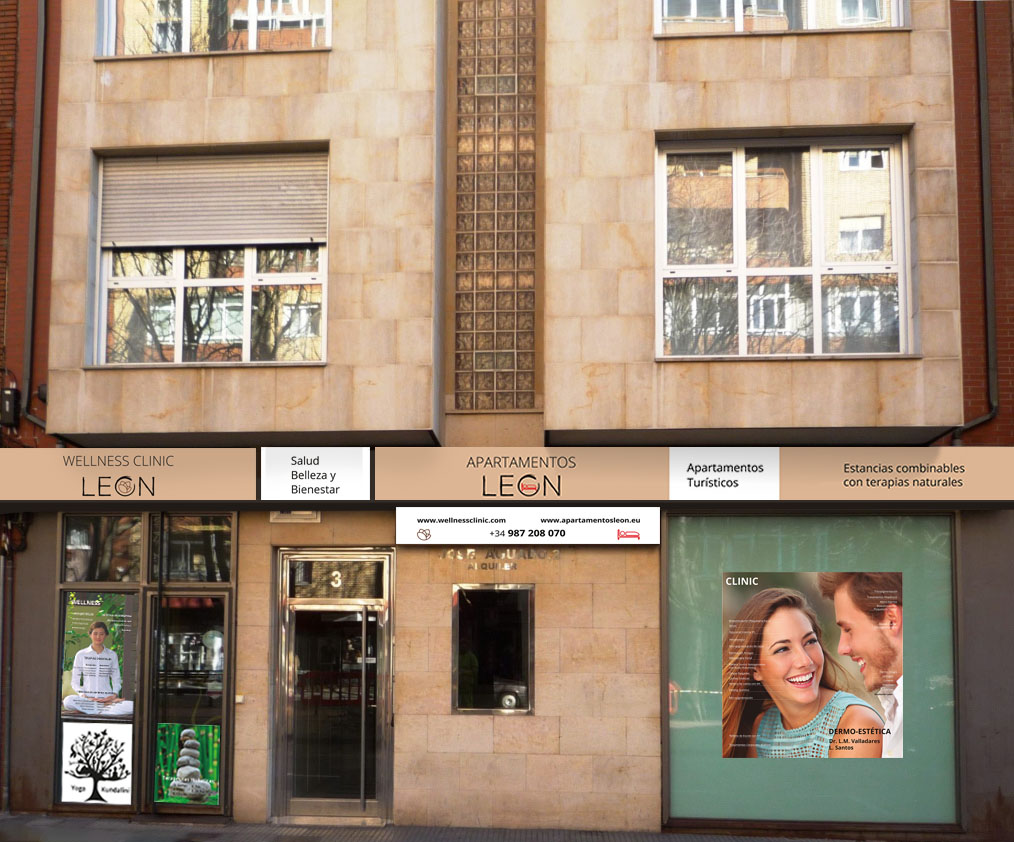 Fachada de Centro Médico León con sus 12 metros de escaparate y cartel luminoso